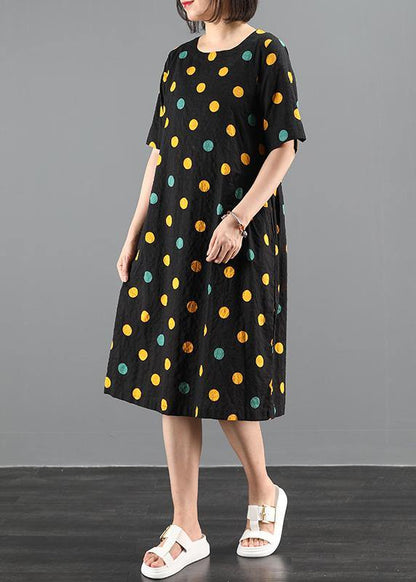 Organic o neck pockets clothes dress black dotted Dress - SooLinen