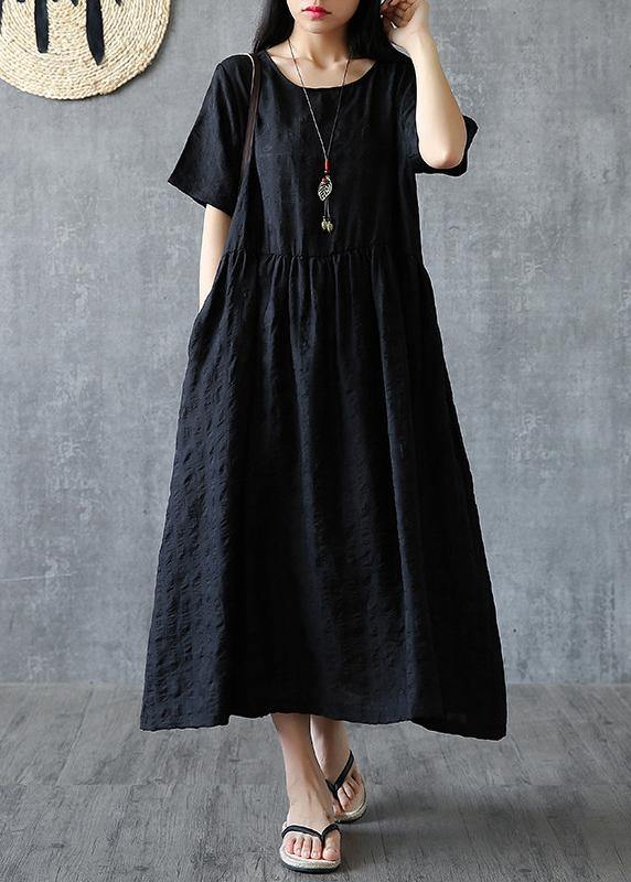 Organic o neck Cinched linen cotton clothes For Women Sleeve black Dress summer - SooLinen
