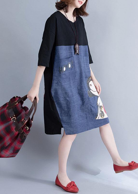 Organic patchwork Cotton dresses pattern black prints Dresses summer - SooLinen