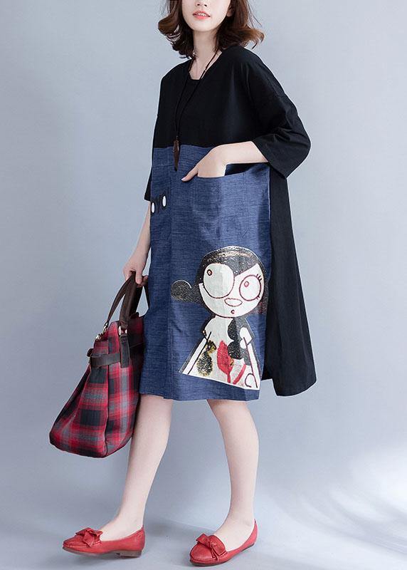 Organic patchwork Cotton dresses pattern black prints Dresses summer - SooLinen