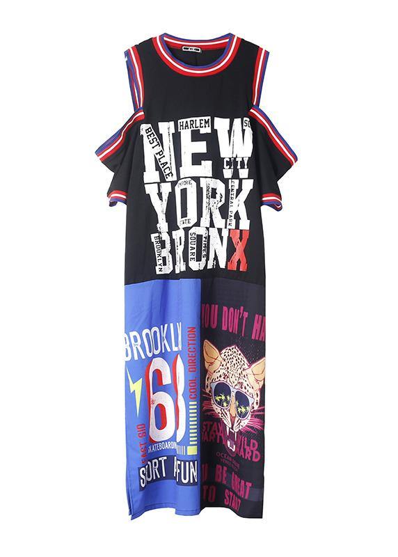 Organic patchwork color cotton dresses Wardrobes black side open Dress summer - SooLinen