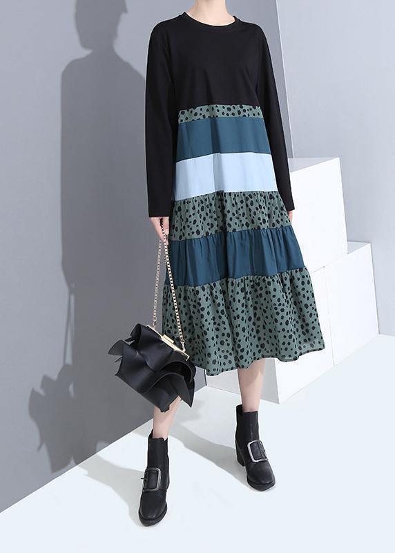 Organic patchwork cotton long sleeve clothes Women Shape black cotton Dress - SooLinen