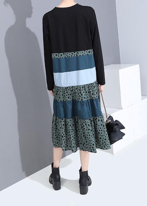 Organic patchwork cotton long sleeve clothes Women Shape black cotton Dress - SooLinen