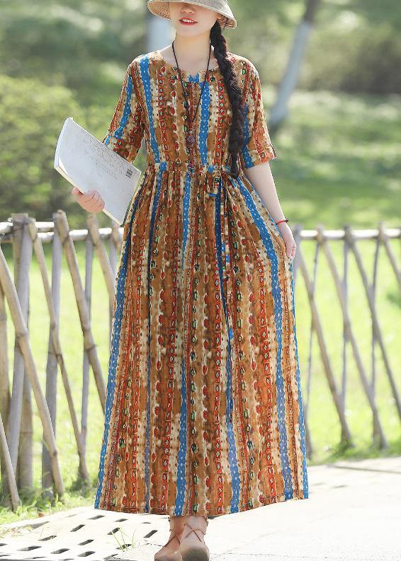 Organic prints cotton linen quilting dresses Shape yellow  Kaftan Dresses summer - SooLinen