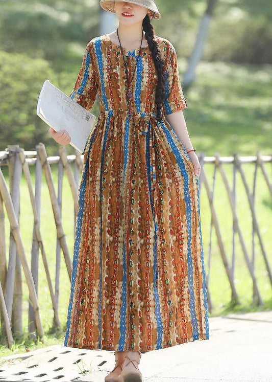 Organic prints cotton linen quilting dresses Shape yellow  Kaftan Dresses summer - SooLinen