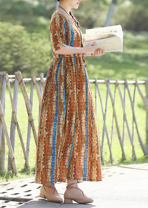 Organic prints cotton linen quilting dresses Shape yellow  Kaftan Dresses summer - SooLinen
