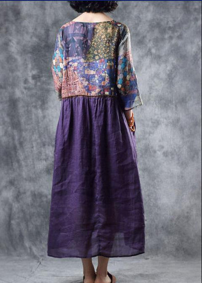 Organic purple linen dress patchwork Plus Size v neck Dress - SooLinen