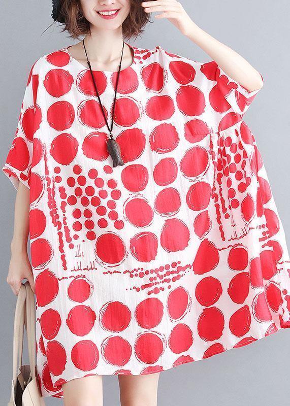 Organic red plaid cotton linen clothes For Women batwing sleeve oversized summer Dresses - SooLinen