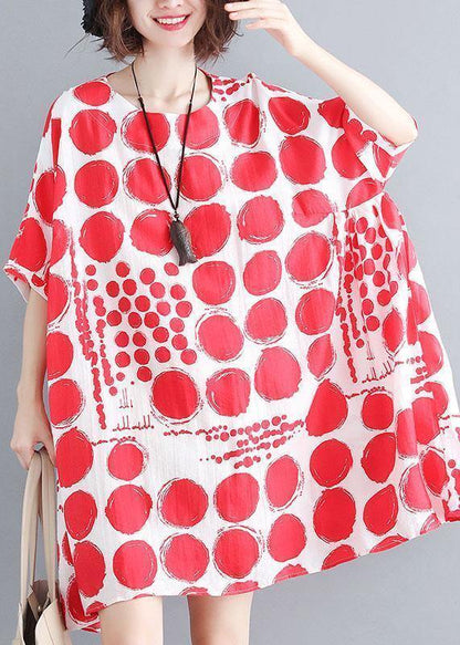 Organic red plaid cotton linen clothes For Women batwing sleeve oversized summer Dresses - SooLinen