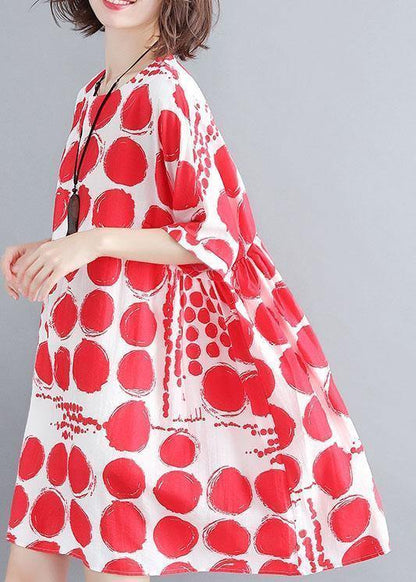 Organic red plaid cotton linen clothes For Women batwing sleeve oversized summer Dresses - SooLinen