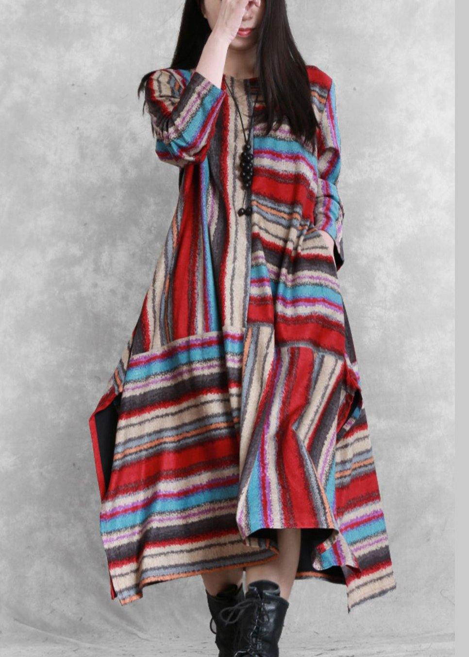 Organic red striped linen cotton clothes For Women side open Plus Size Clothing patchwork Dress - SooLinen