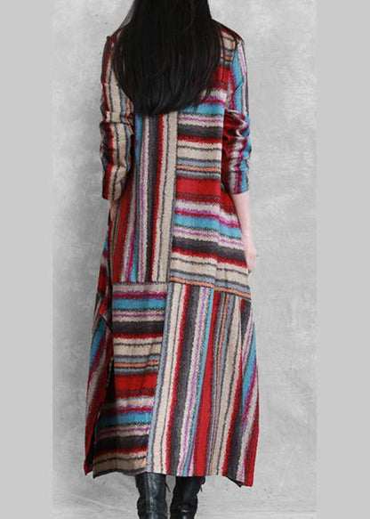 Organic red striped linen cotton clothes For Women side open Plus Size Clothing patchwork Dress - SooLinen