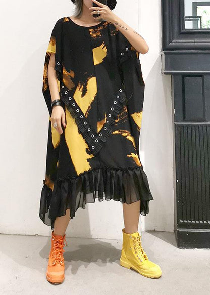 Organic ruffles hem chiffon Wardrobes pattern black prints robes Dresses summer - SooLinen