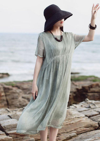 Organic short sleeve cotton clothes Inspiration green high waist Plus Size Dress - SooLinen
