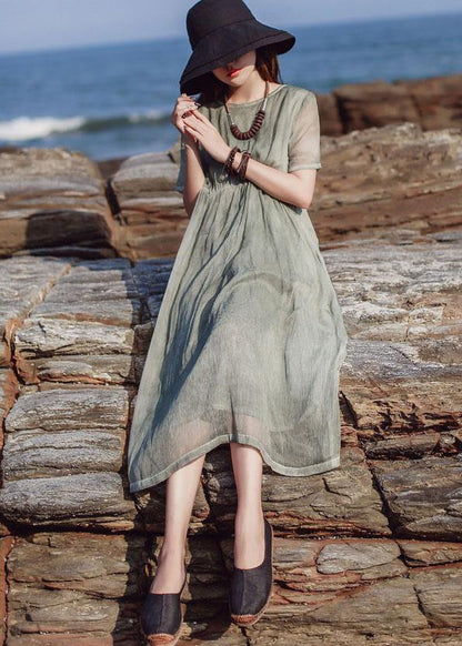 Organic short sleeve cotton clothes Inspiration green high waist Plus Size Dress - SooLinen