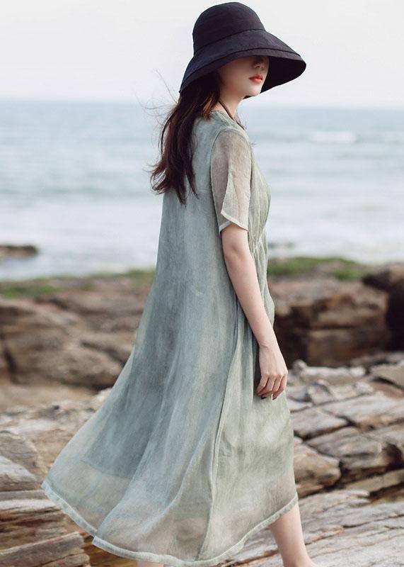 Organic short sleeve cotton clothes Inspiration green high waist Plus Size Dress - SooLinen