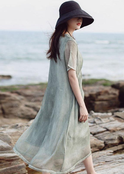 Organic short sleeve cotton clothes Inspiration green high waist Plus Size Dress - SooLinen