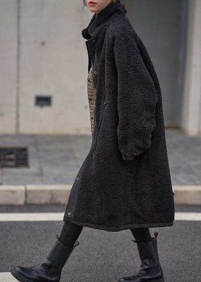 Organic stand collar drawstring Plus Size tunic coat black Dresses outwear - SooLinen