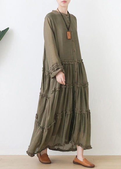 Organic stand collar Cinched outfit Tutorials army green Dresses - SooLinen