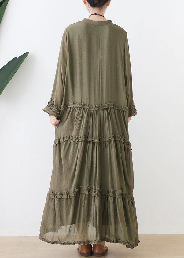 Organic stand collar Cinched outfit Tutorials army green Dresses - SooLinen