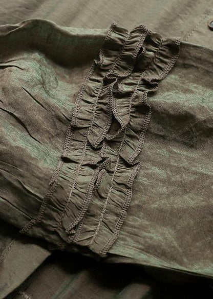 Organic stand collar Cinched outfit Tutorials army green Dresses - SooLinen