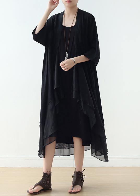 Organic v neck asymmetric cotton Tunics Sewing black A Line Dress - SooLinen
