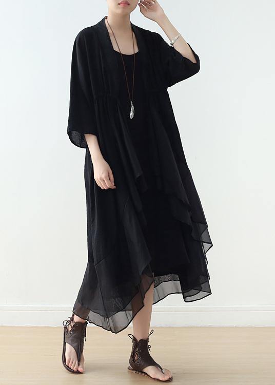 Organic v neck asymmetric cotton Tunics Sewing black A Line Dress - SooLinen