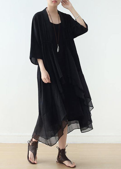 Organic v neck asymmetric cotton Tunics Sewing black A Line Dress - SooLinen