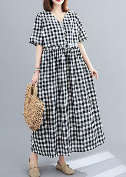 Organic v neck drawstring cotton clothes For Women Tutorials black Large plaid Dress - SooLinen