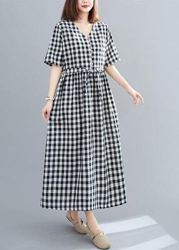 Organic v neck drawstring cotton clothes For Women Tutorials black Large plaid Dress - SooLinen