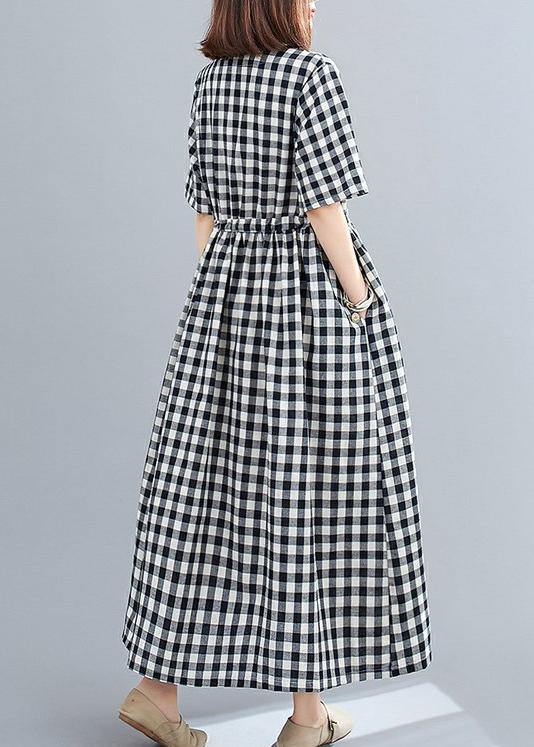 Organic v neck drawstring cotton clothes For Women Tutorials black Large plaid Dress - SooLinen