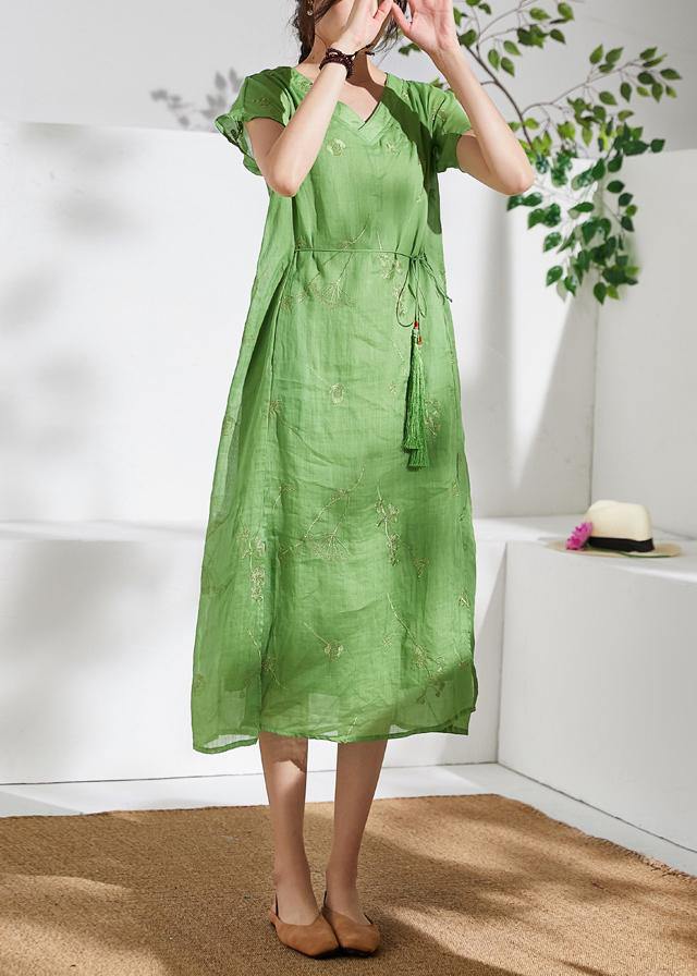 Organic v neck embroidery linen summer Robes Work green Dresses - SooLinen