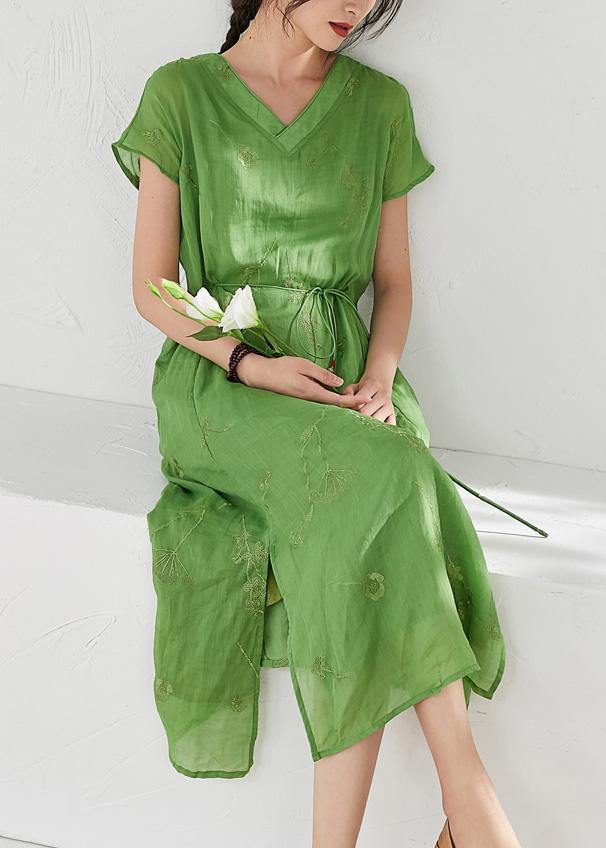 Organic v neck embroidery linen summer Robes Work green Dresses - SooLinen