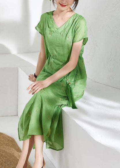 Organic v neck embroidery linen summer Robes Work green Dresses - SooLinen