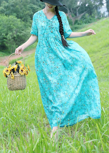 Organic v neck linen dress Sleeve light blue prints Dress summer - SooLinen