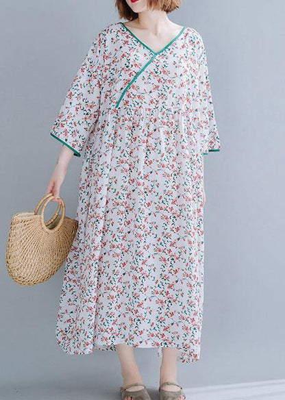 Organic white print cotton dress v neck exra large hem A Line summer Dress - SooLinen