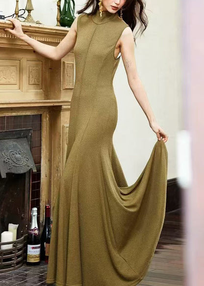 Original Army Green Backless Solid Cotton Long Dress Sleeveless
