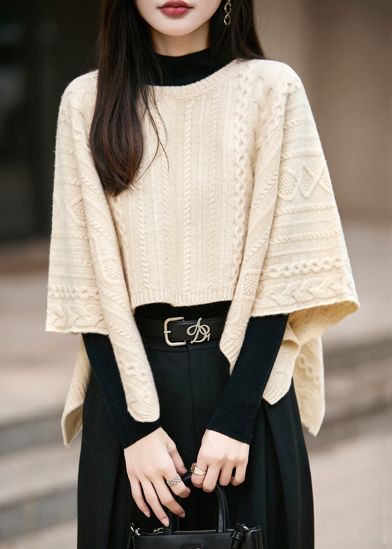 Original Beige Jacquard Cozy Woolen Cape Sweaters