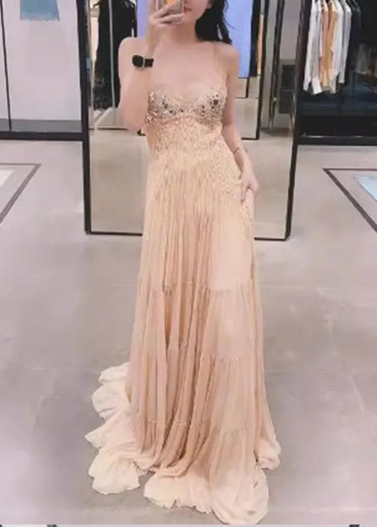 Original Beige V Neck Nail Bead Cinched Silk Holiday Long Dress Summer