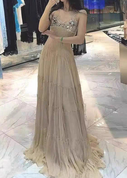 Original Beige V Neck Nail Bead Cinched Silk Holiday Long Dress Summer