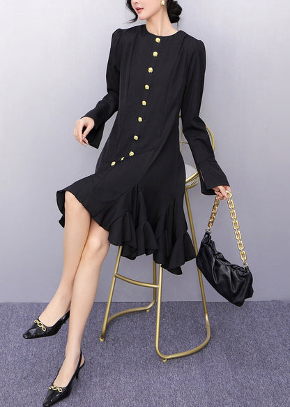 Original Black O-Neck Button Long Dresses Flare Sleeve