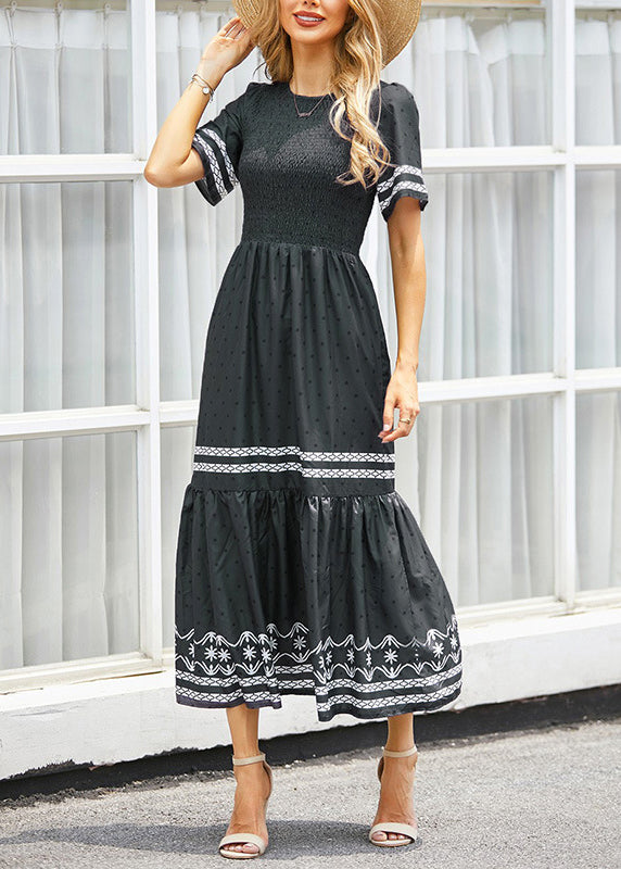 Original Black O Neck Print Dot Cotton Long Dresses Summer