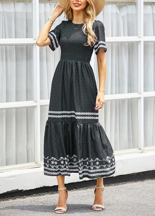Original Black O Neck Print Dot Cotton Long Dresses Summer