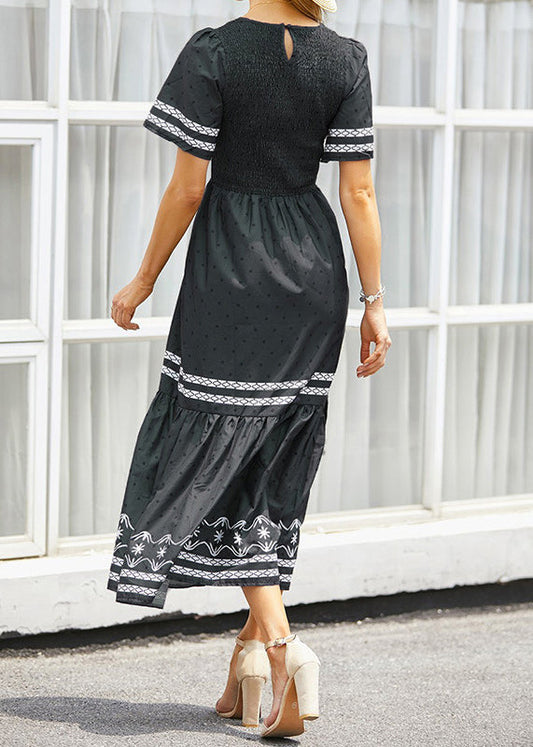 Original Black O Neck Print Dot Cotton Long Dresses Summer