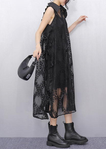 Original Black Peter Pan Collar Hollow Out Lace Maxi Dress Summer