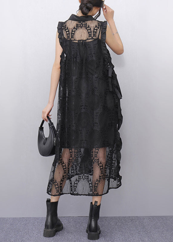 Original Black Peter Pan Collar Hollow Out Lace Maxi Dress Summer