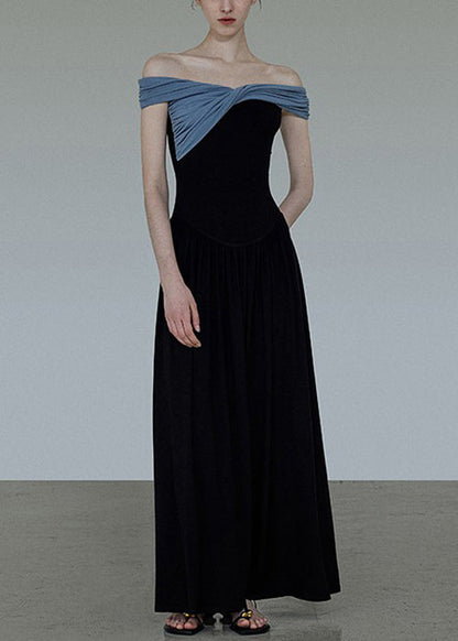 Original Black Slash Neck Wrinkled Patchwork Cotton Long Dress Summer