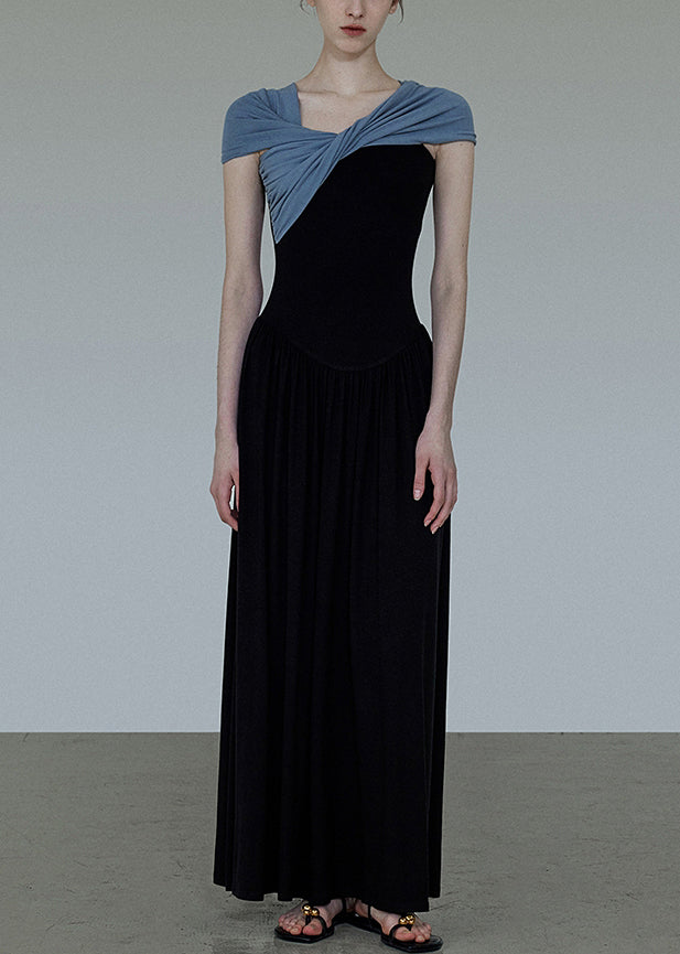 Original Black Slash Neck Wrinkled Patchwork Cotton Long Dress Summer