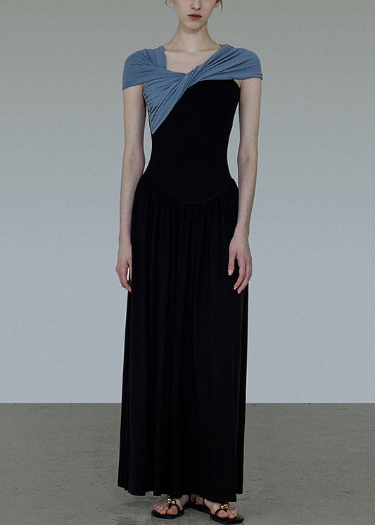 Original Black Slash Neck Wrinkled Patchwork Cotton Long Dress Summer