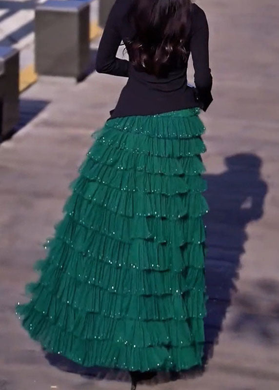 Original Blackish Green Layered Ruffled Patchwork Tulle Skirts Spring